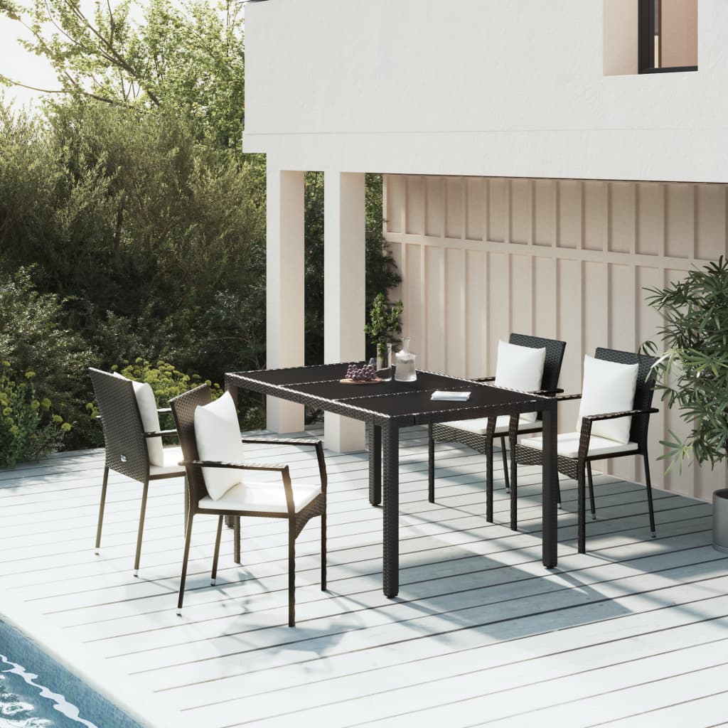 vidaXL 5 Piece Patio Dining Set with Cushions Black Poly Rattan