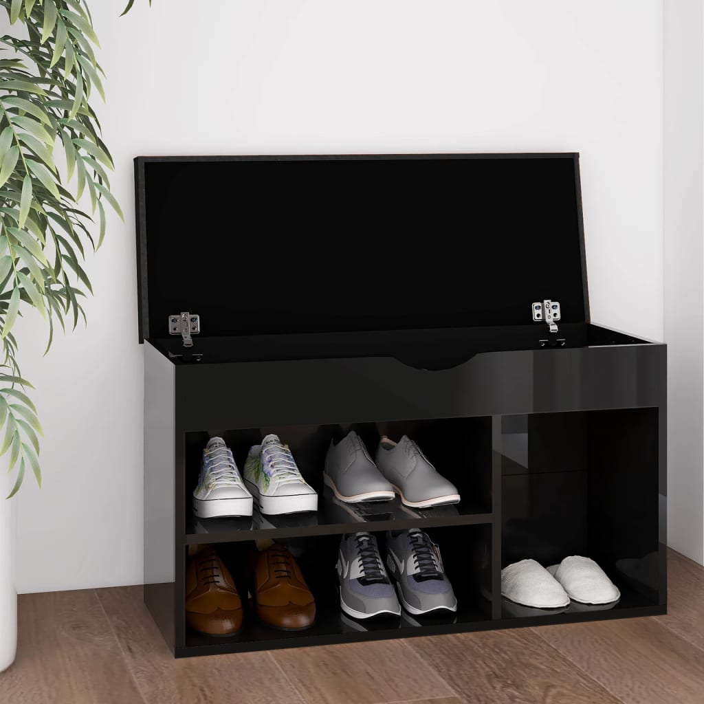 vidaXL Shoe Bench with Cushion High Gloss Black 31.5"x11.8"x18.5" Engineered Wood