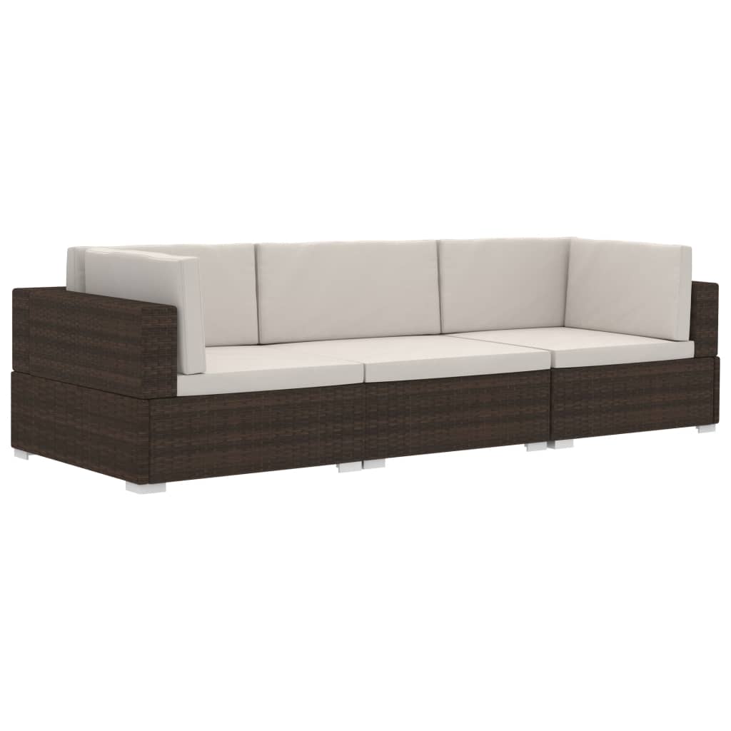 vidaXL 3 Piece Patio Sofa Set with Cushions Poly Rattan Brown