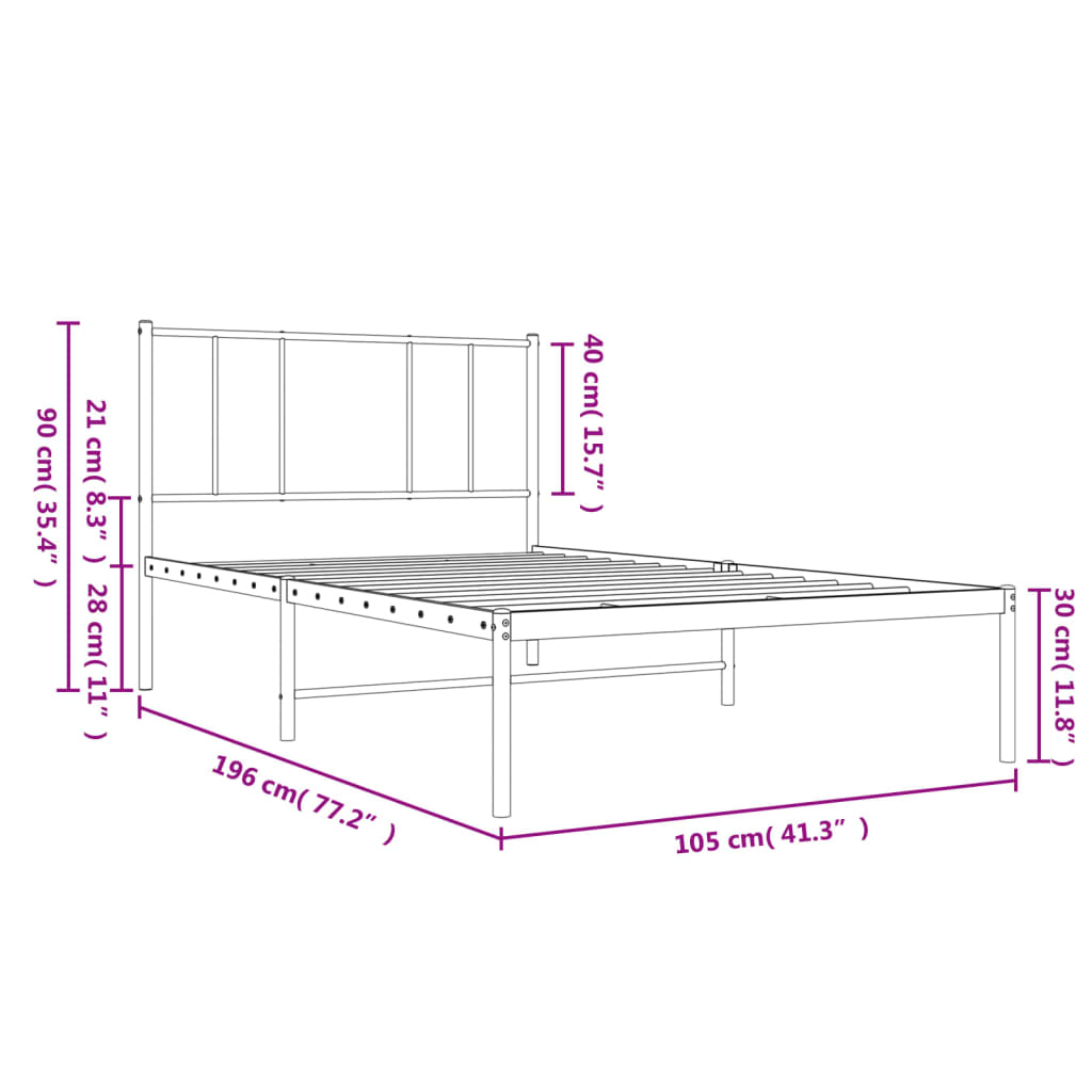 vidaXL Metal Bed Frame with Headboard Black 39.4"x74.8" Twin