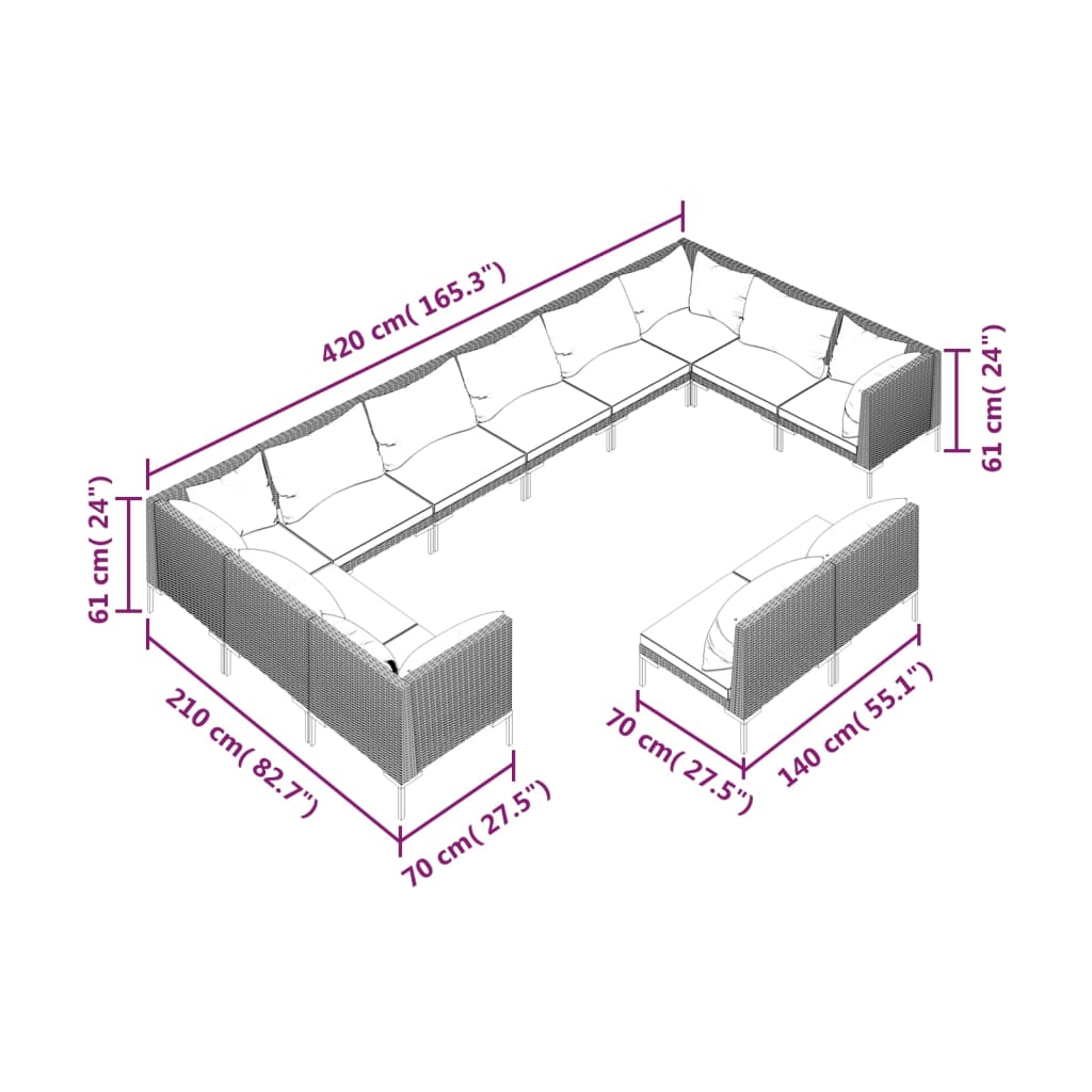 vidaXL 12 Piece Patio Lounge Set with Cushions Poly Rattan Dark Gray