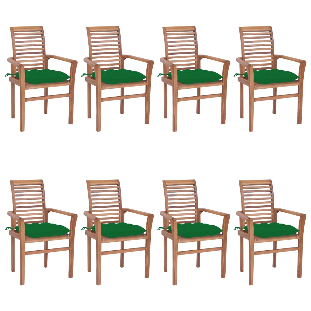 vidaXL Dining Chairs 8 pcs with Green Cushions Solid Teak Wood
