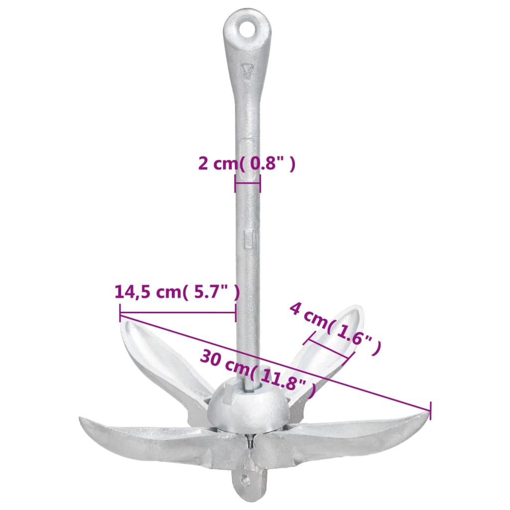vidaXL Folding Anchor with Rope Silver 5.5 lb Malleable Iron
