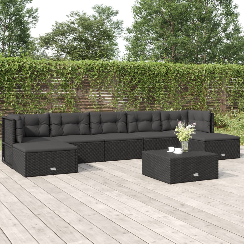 vidaXL 7 Piece Patio Lounge Set with Cushions Black Poly Rattan