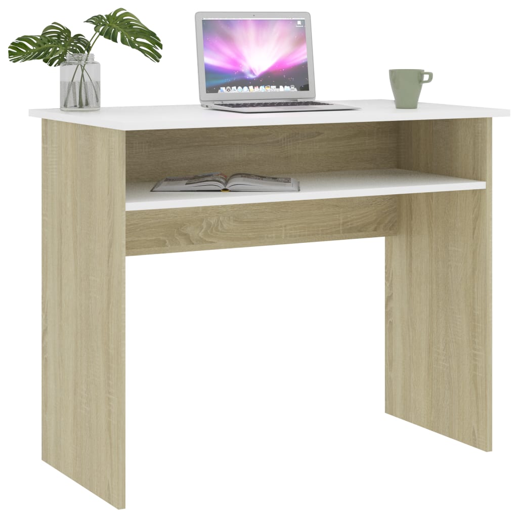 vidaXL Desk White and Sonoma Oak 35.4"x19.6"x29.1"Chipboard