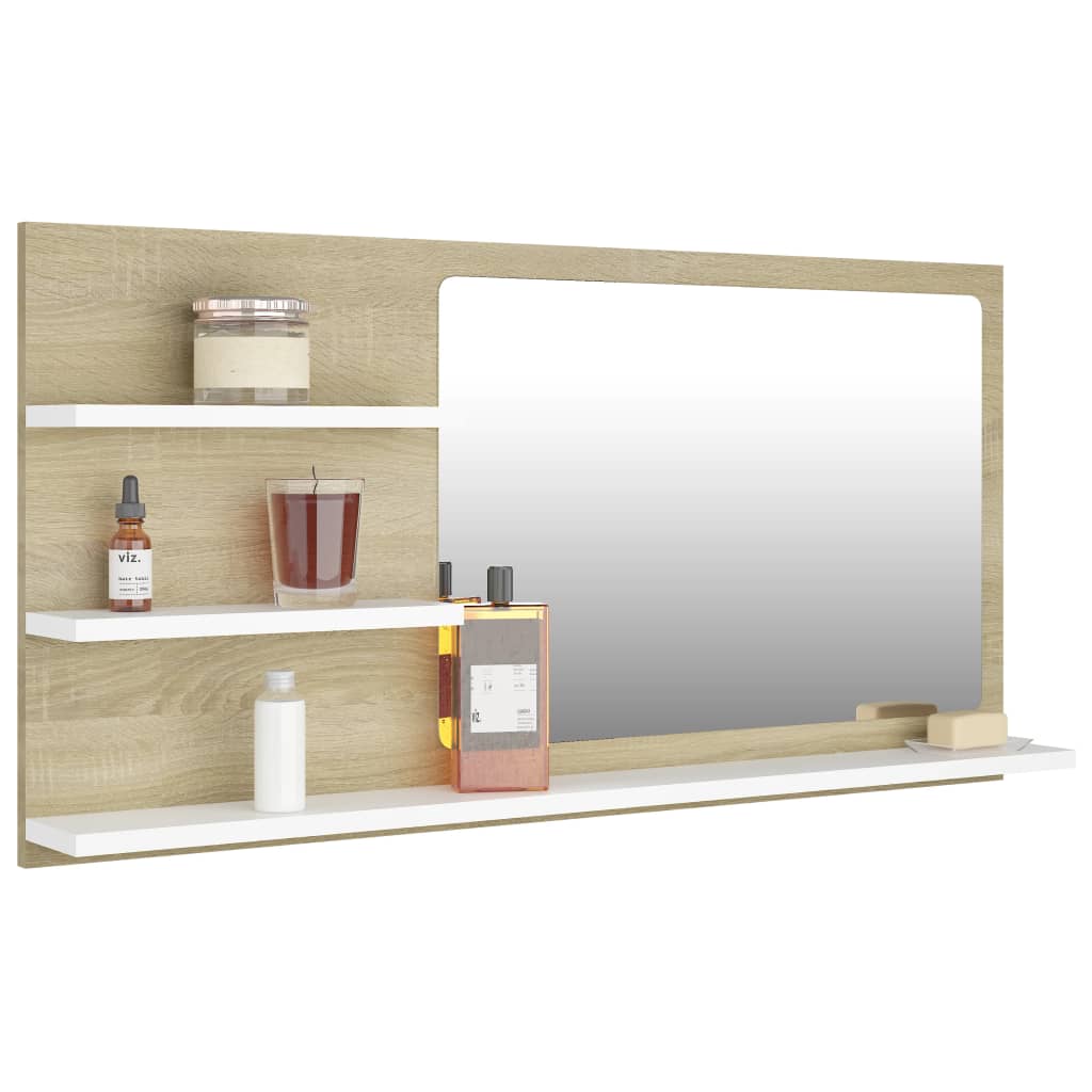 vidaXL Bathroom Mirror White and Sonoma Oak 35.4"x4.1"x17.7" Engineered Wood