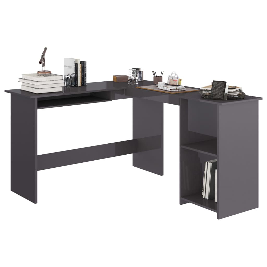 vidaXL L-Shaped Corner Desk High Gloss Gray 47.2"x55.1"x29.5" Engineered Wood