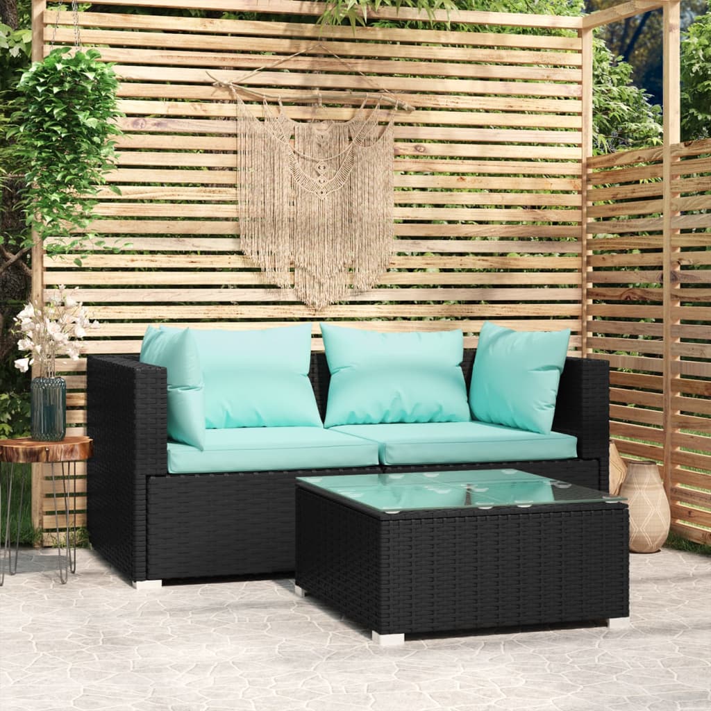 vidaXL Patio Furniture Set 3 Piece with Cushions Black Poly Rattan