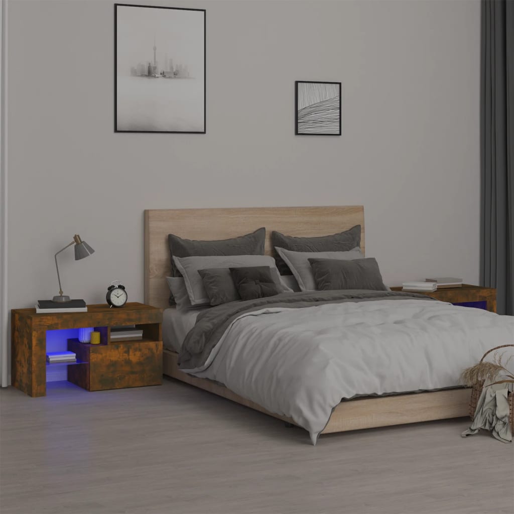 vidaXL Bedside Cabinets 2 pcs with LED Lights Smoked Oak 27.6"x14.4"x15.7"