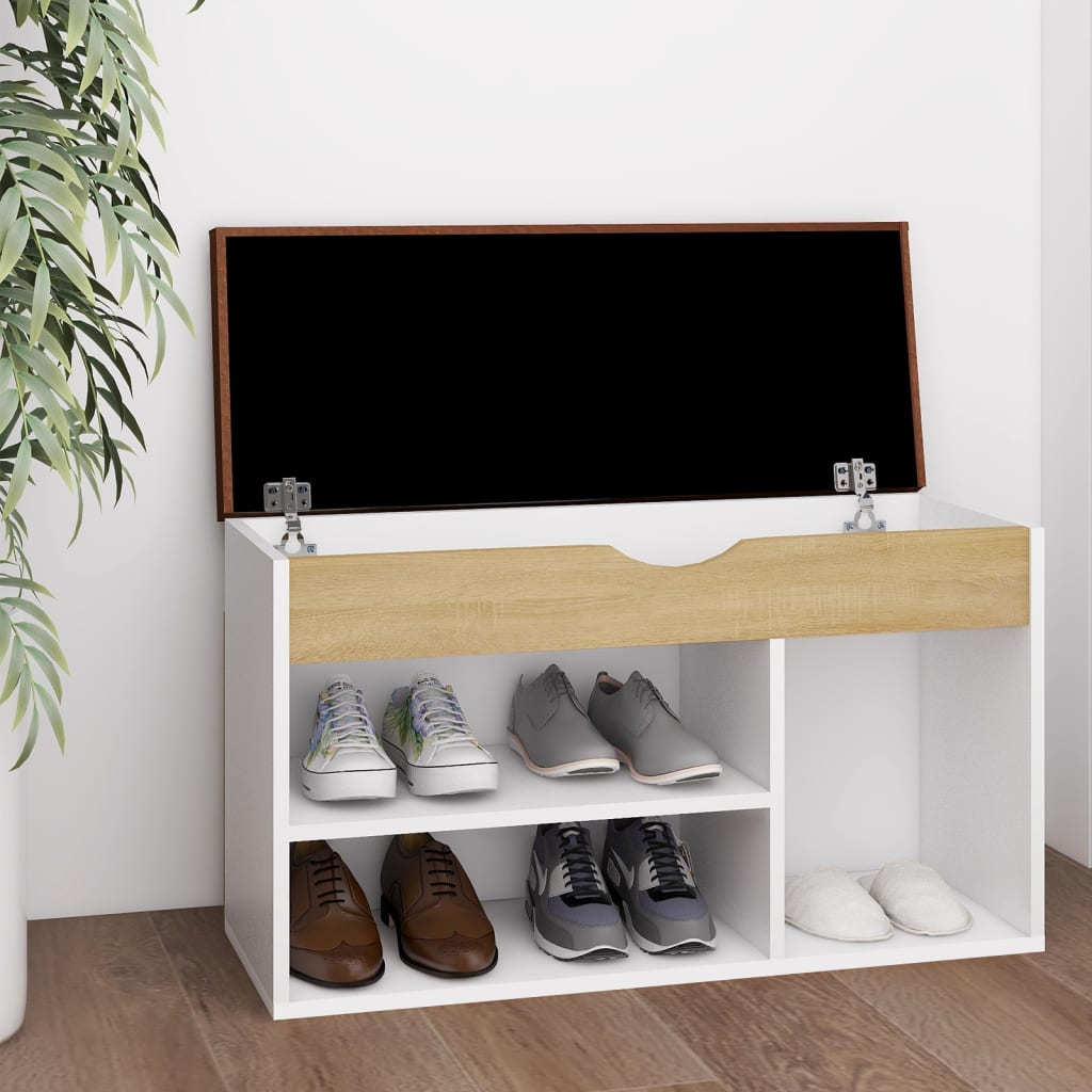 vidaXL Shoe Bench with Cushion White and Sonoma Oak 31.5"x11.8"x18.5" Engineered Wood