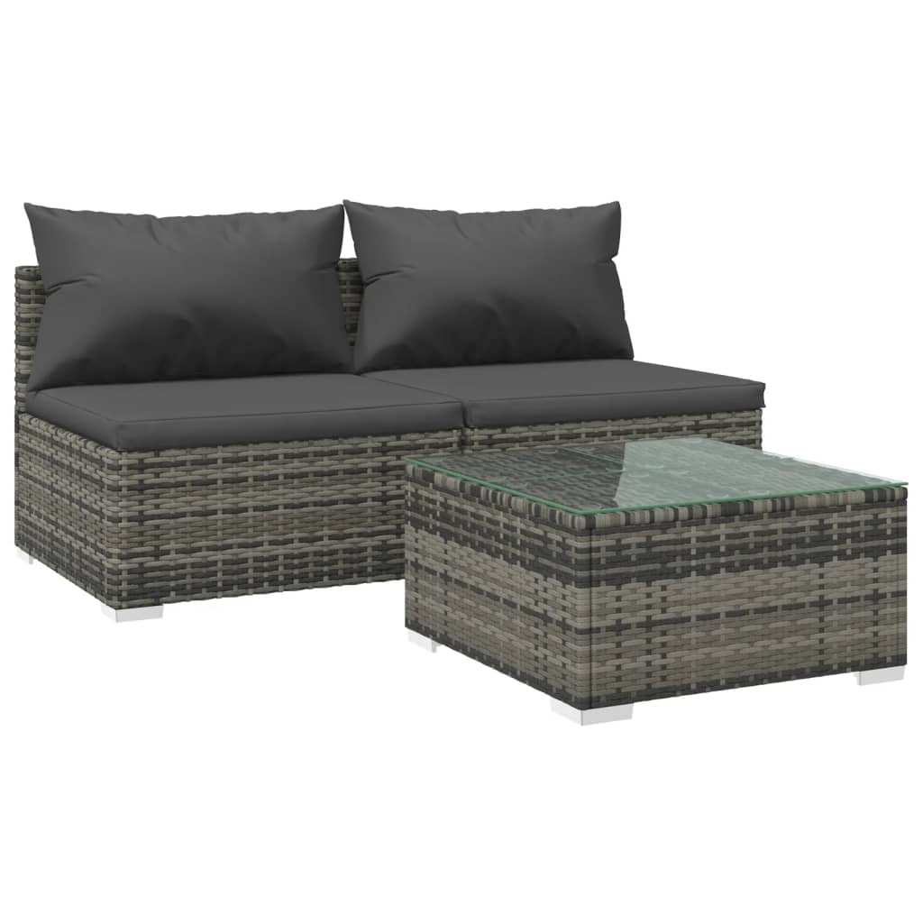 vidaXL Patio Furniture Set 3 Piece with Cushions Poly Rattan Gray