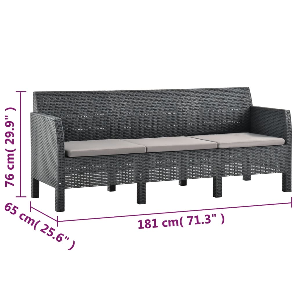 vidaXL 3-Seater Patio Sofa with Cushions Anthracite PP Rattan