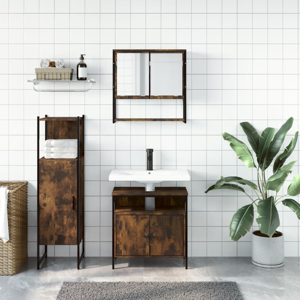 vidaXL 3 Piece Bathroom Furniture Set Smoked Oak Engineered Wood | vidaXL.com