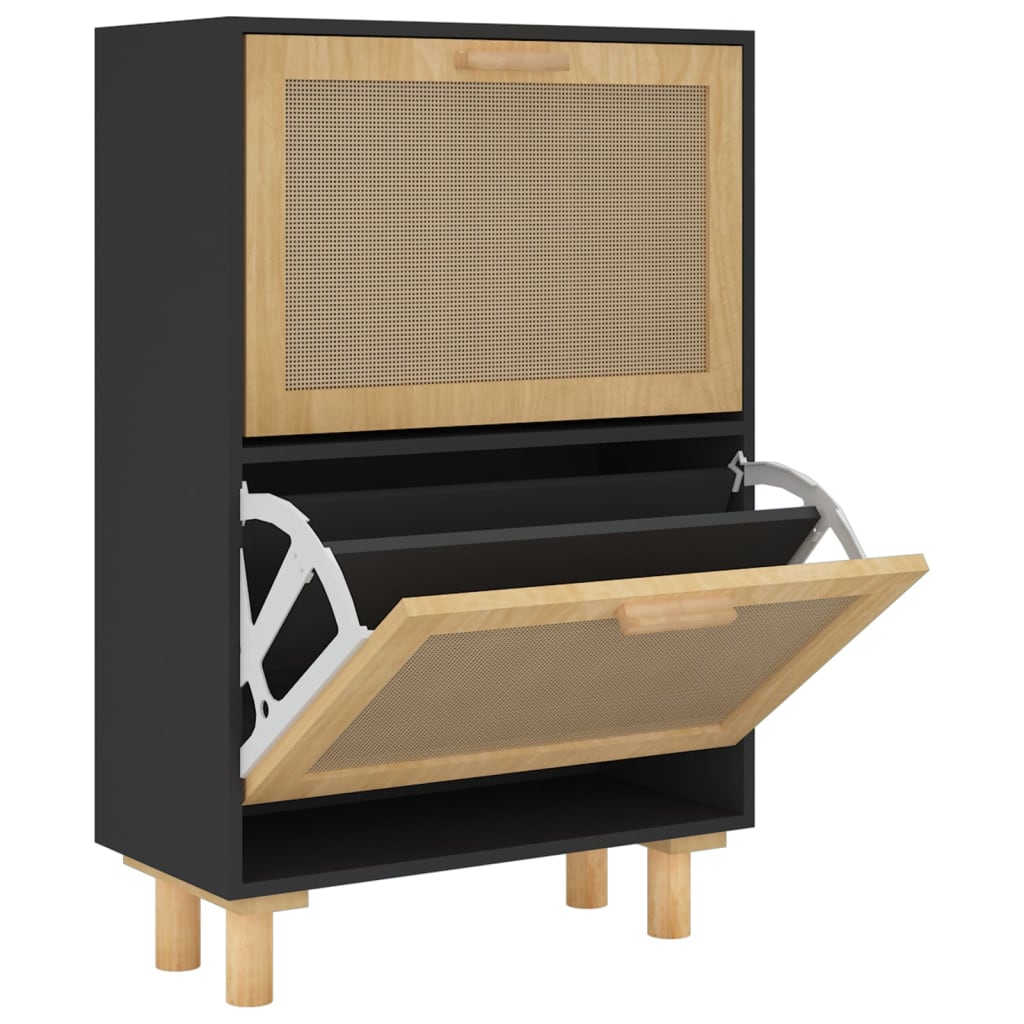vidaXL Shoe Cabinet Black 20.5"x9.8"x31.5" Engineered Wood&Natural Rattan