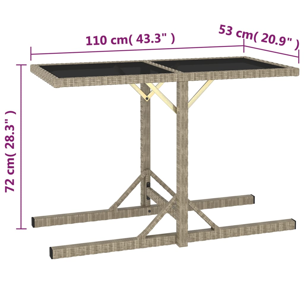 vidaXL Patio Table Beige 43.3"x20.9"x28.3" Glass and Poly Rattan