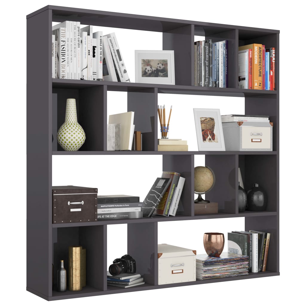 vidaXL Room Divider/Book Cabinet High Gloss Gray 43.3" x 9.4" x 43.3" Engineered Wood