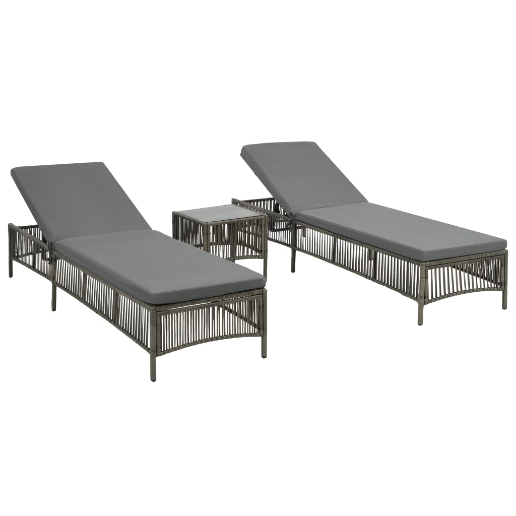 vidaXL Sunloungers 2 pcs with Table Poly Rattan Gray