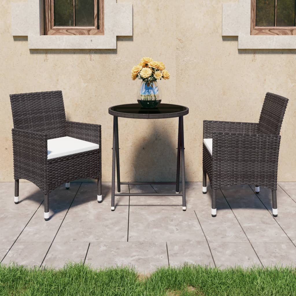 vidaXL 3 Piece Patio Bistro Set Poly Rattan and Tempered Glass Brown
