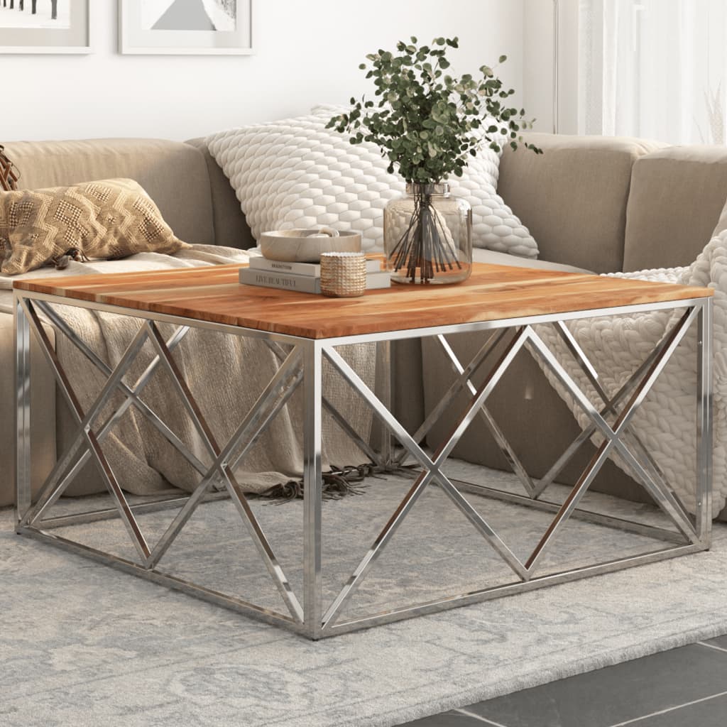 vidaXL Coffee Table Silver Stainless Steel and Solid Acacia Wood