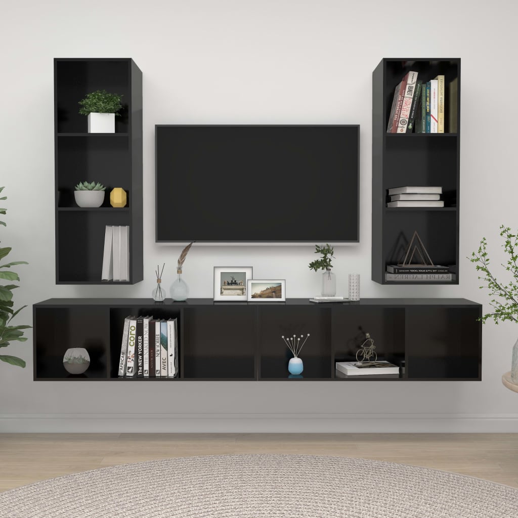 vidaXL Wall-mounted TV Stands 4 Pcs High Gloss Black Engineered Wood