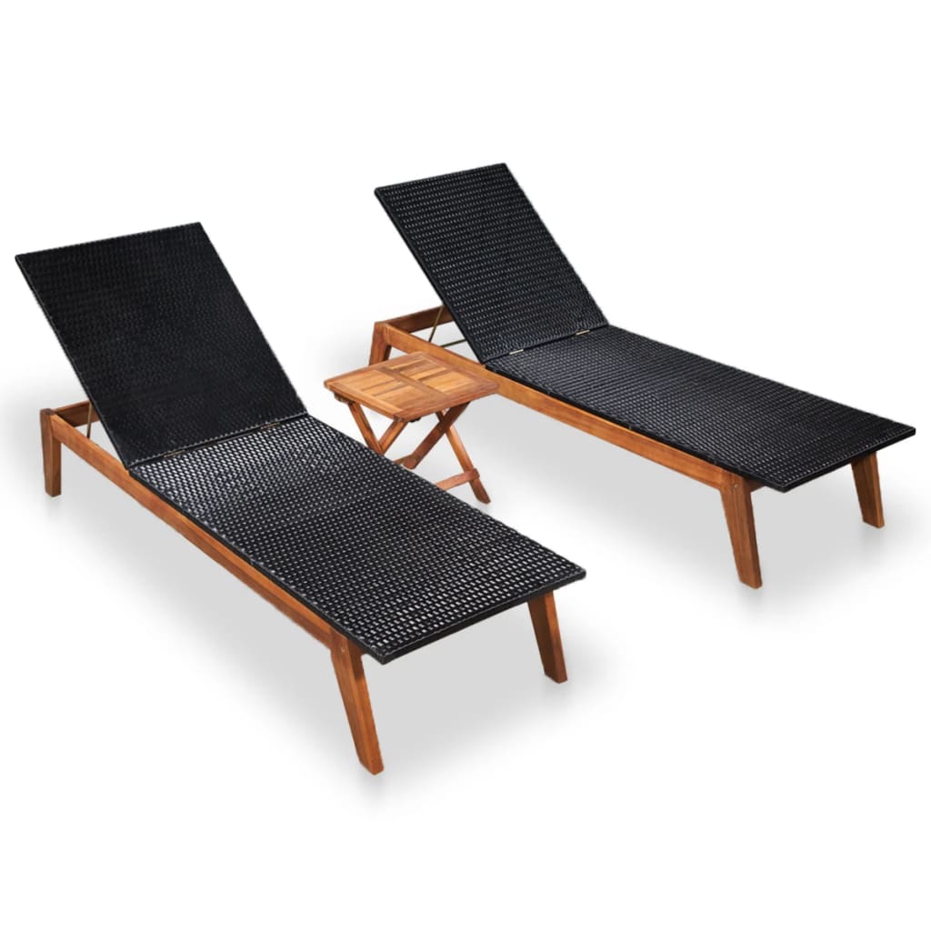 vidaXL Sun Loungers 2 pcs with Table Poly Rattan and Solid Acacia Wood