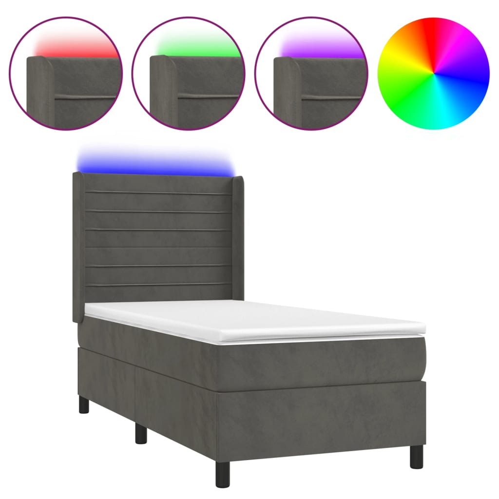 vidaXL Box Spring Bed with Mattress&LED Dark Gray Twin Velvet