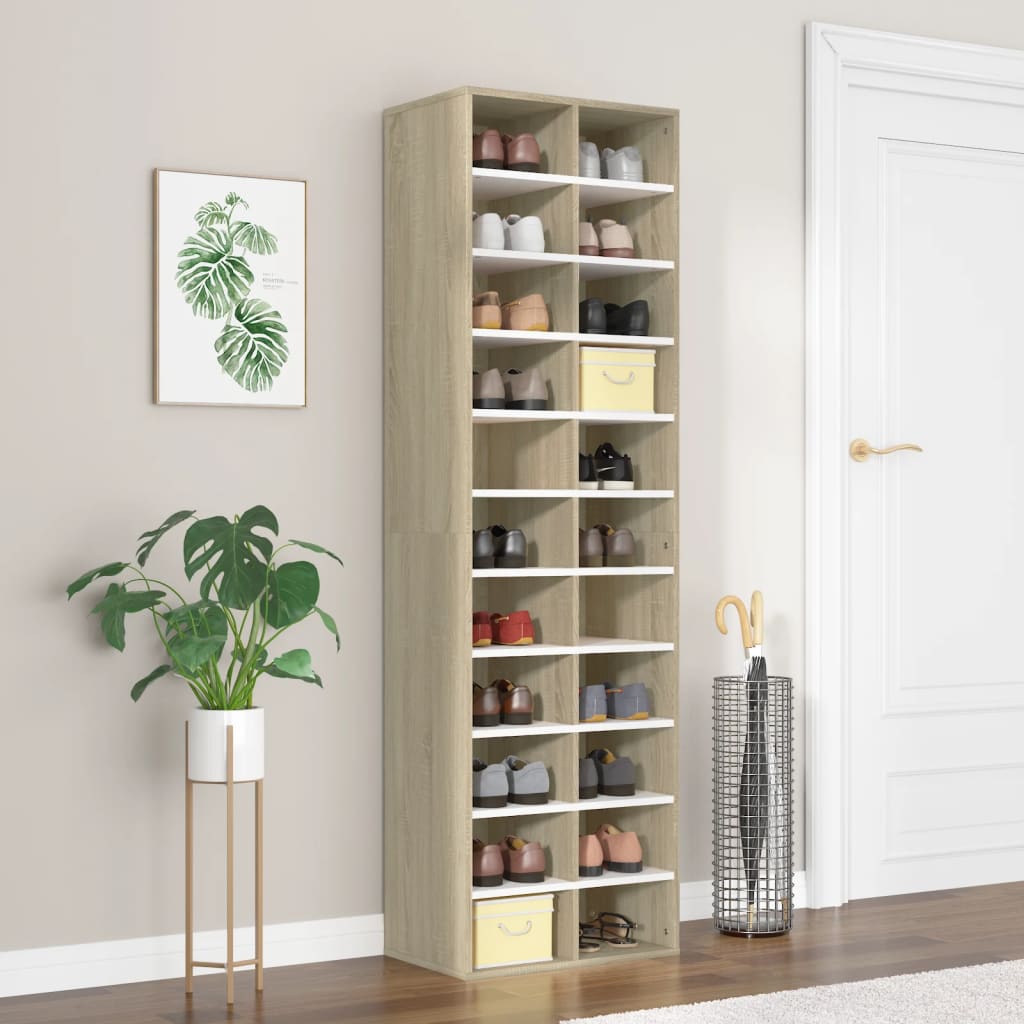 vidaXL Shoe Cabinet White and Sonoma Oak 21.3"x13.4"x72" Engineered Wood