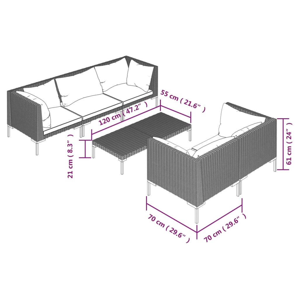 vidaXL 6 Piece Patio Lounge Set with Cushions Poly Rattan Dark Gray