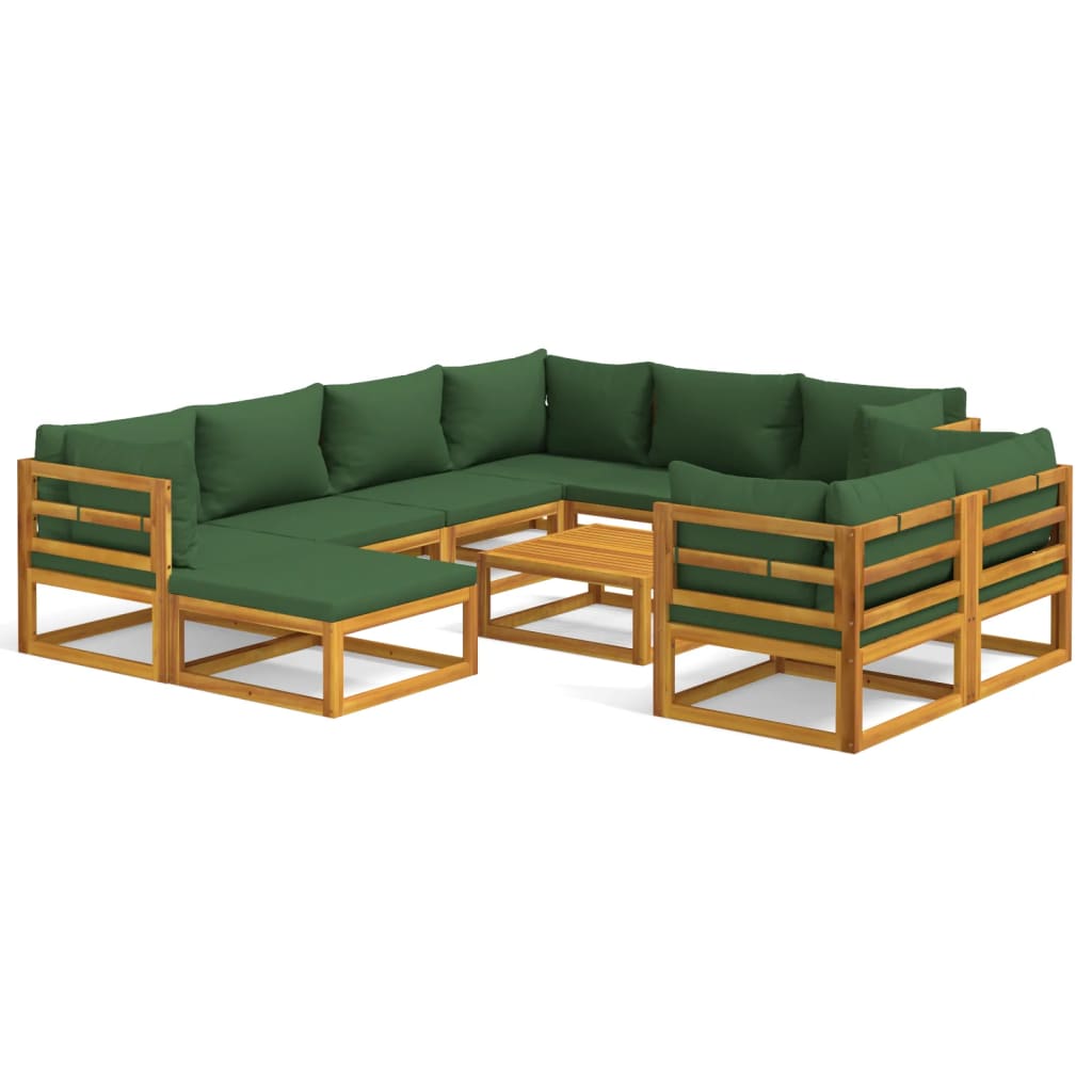 vidaXL 10 Piece Patio Lounge Set with Green Cushions Solid Wood