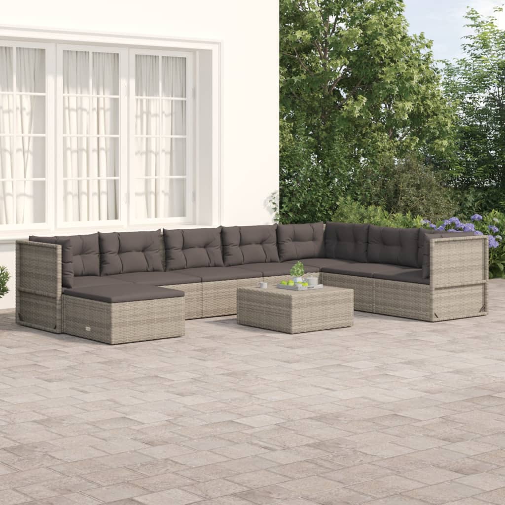 vidaXL 8 Piece Patio Lounge Set with Cushions Gray Poly Rattan
