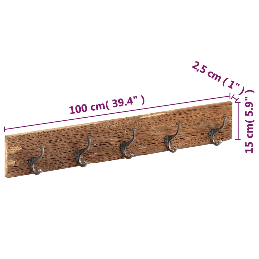 vidaXL Hall Hanger with 5 Hooks 39.4"x1"x5.9" Solid Reclaimed Wood