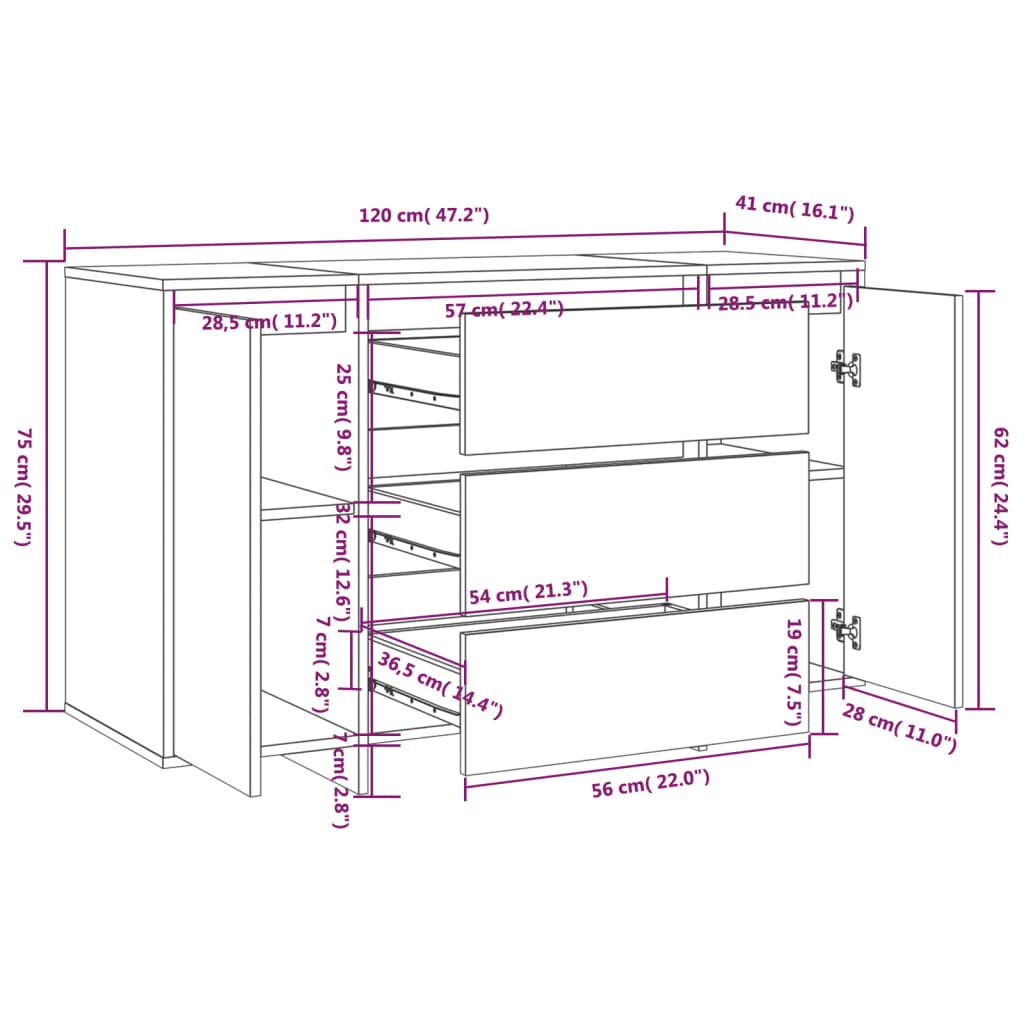 vidaXL Sideboard with 3 Drawers Gray Sonoma 47.2"x16.1"x29.5" Engineered Wood