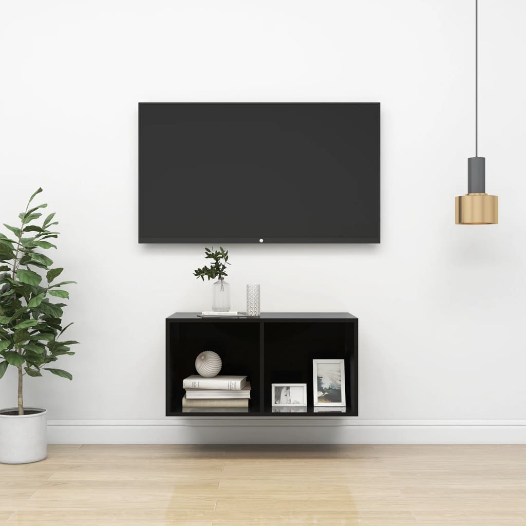 vidaXL Wall-mounted TV Stand High Gloss Black 14.6"x14.6"x28.3" Engineered Wood