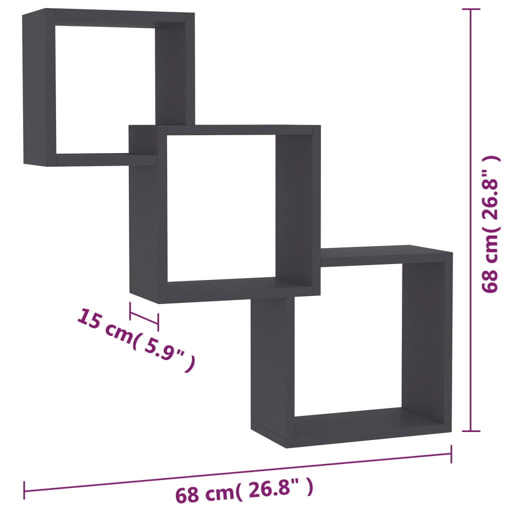 vidaXL Cube Wall Shelves Gray 26.8"x5.9"x26.8" Engineered Wood