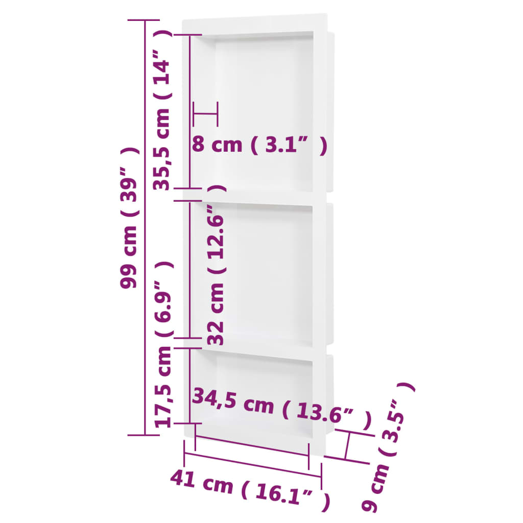 vidaXL Shower Niche with 3 Compartments Matt White 16.1"x39"x3.5"
