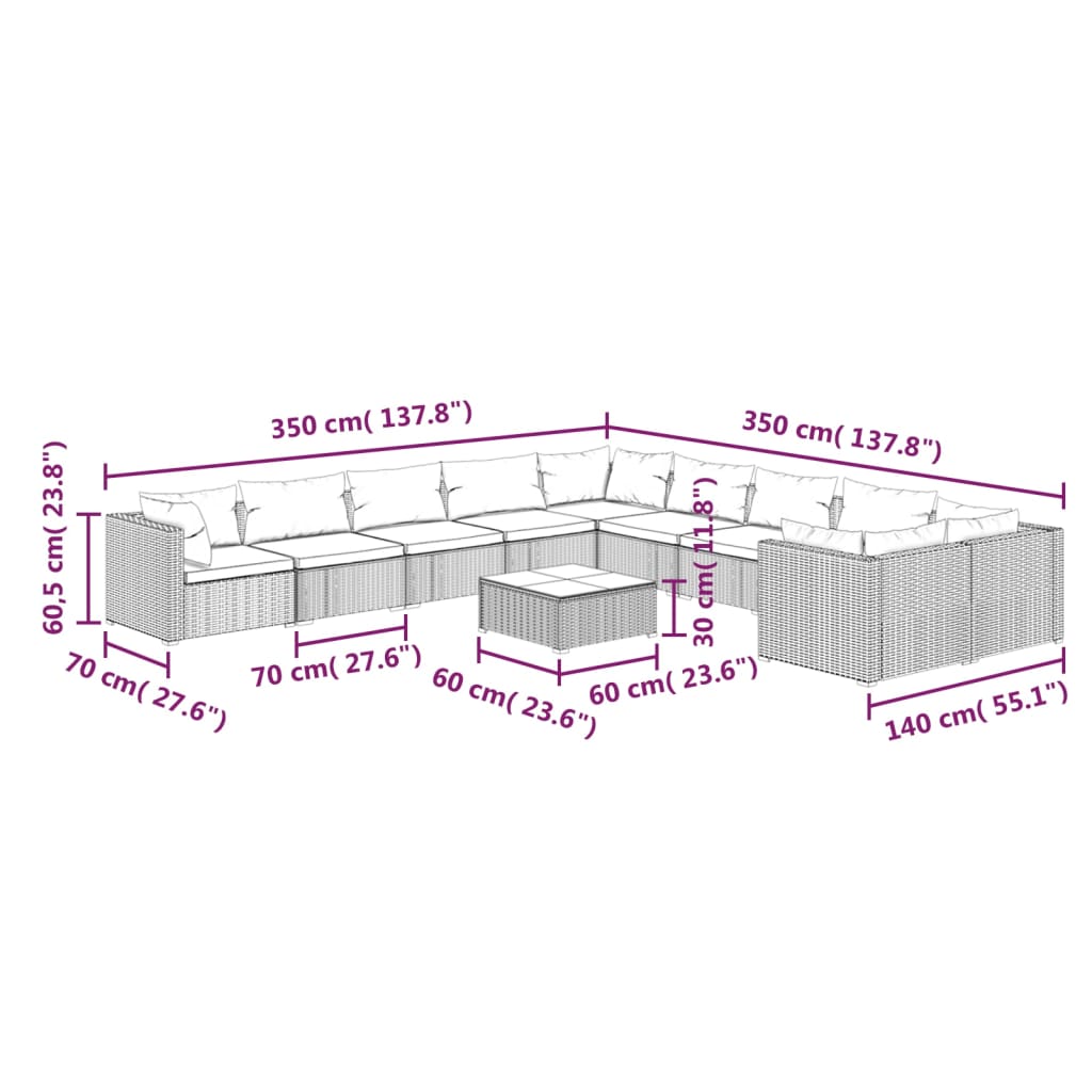 vidaXL 11 Piece Patio Lounge Set with Cushions Poly Rattan Gray