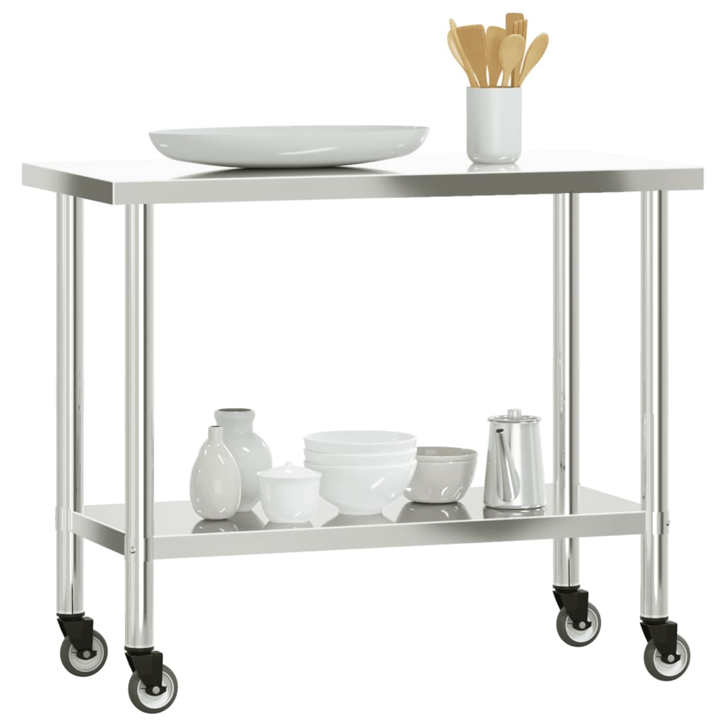 vidaXL Kitchen Work Table with Wheels 43.3"x21.7"x33.5" Stainless Steel