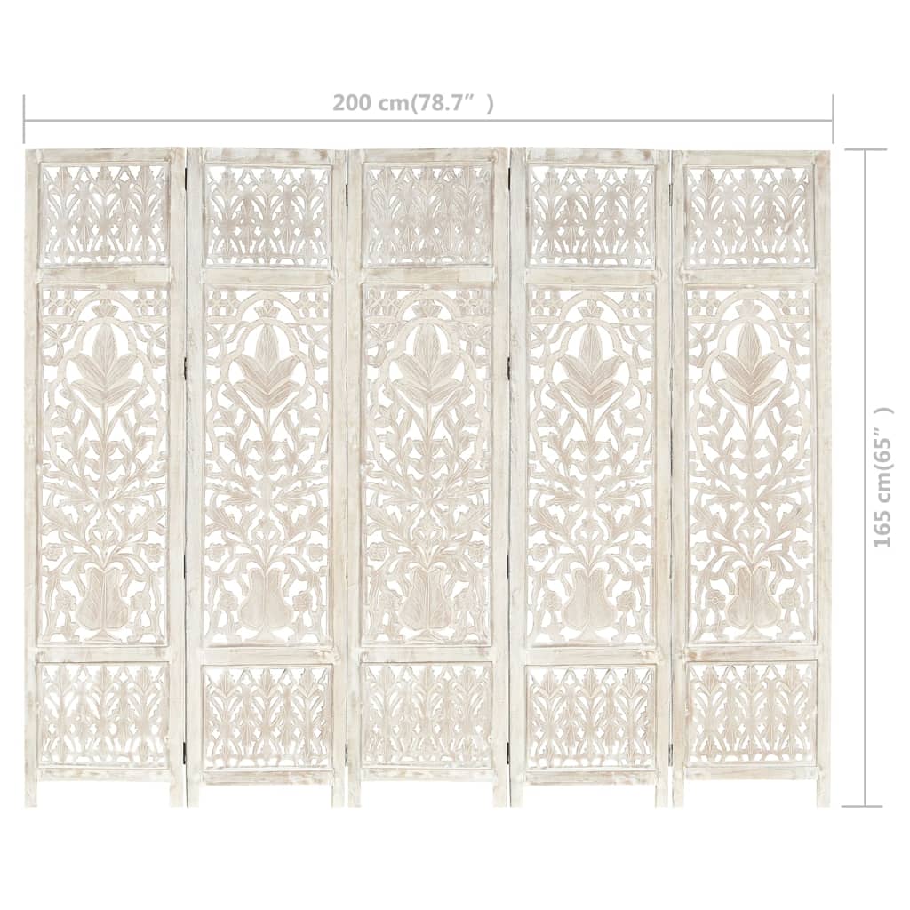 vidaXL Hand carved 5-Panel Room Divider White 78.7"x65" Solid Mango Wood