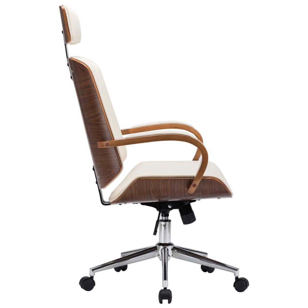 vidaXL Swivel Office Chair with Headrest Cream Faux Leather and Bentwood