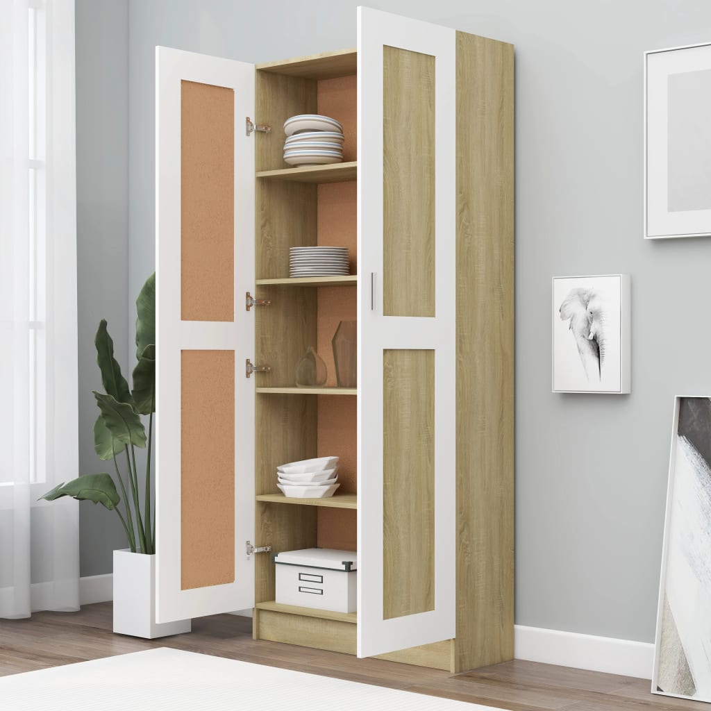 vidaXL Book Cabinet White and Sonoma Oak 32.5"x12"x73" Chipboard
