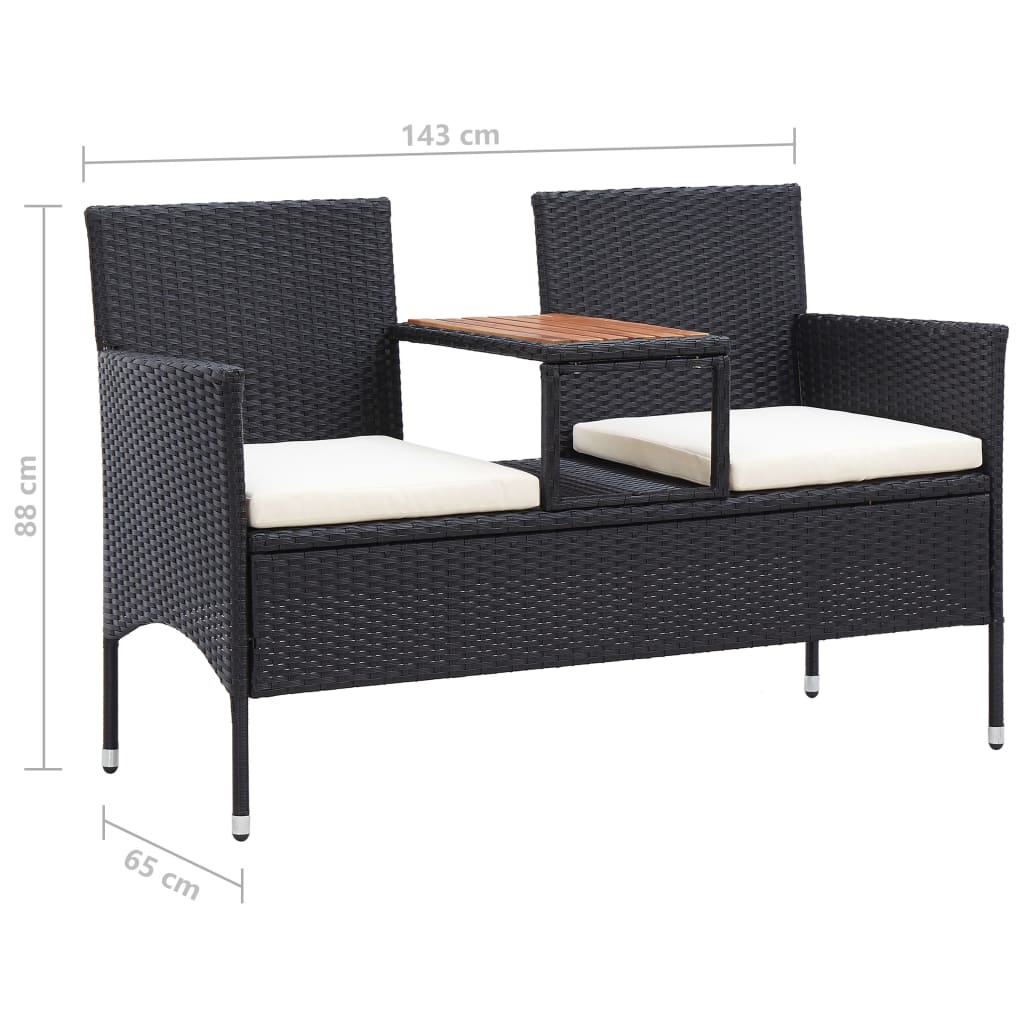 vidaXL 2-Seater Patio Bench with Tea Table 56.3" Poly Rattan Black