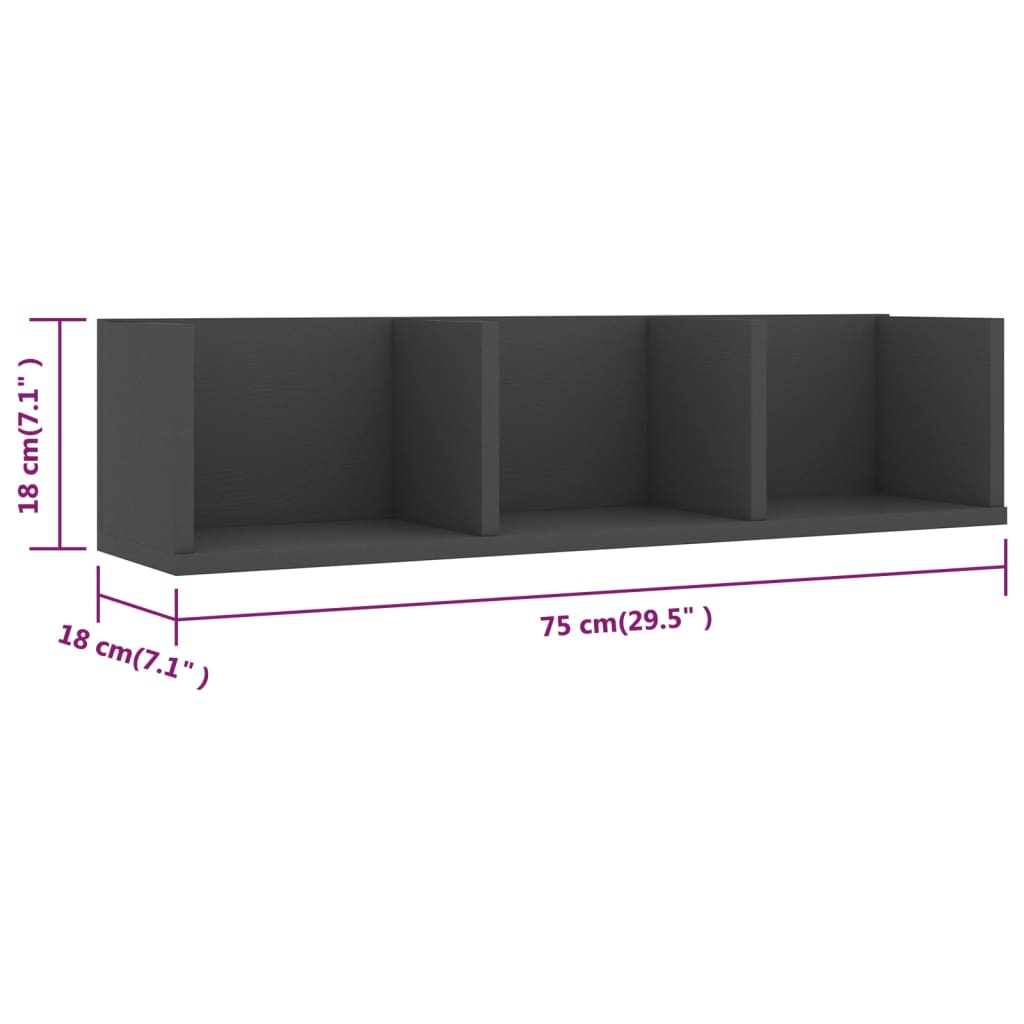 vidaXL CD Wall Shelf Gray 29.5"x7.1"x7.1" Engineered Wood