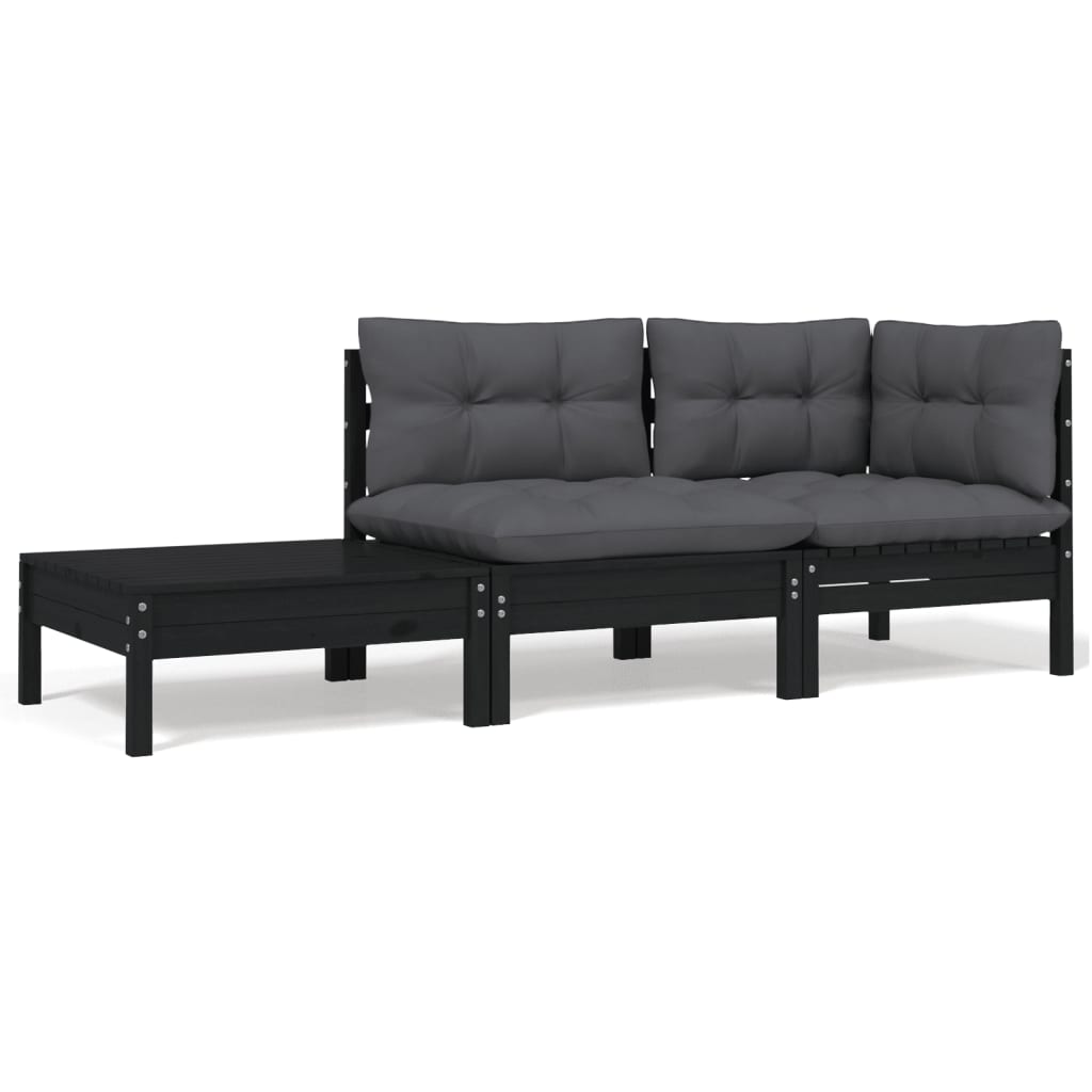 vidaXL 3 Piece Patio Lounge Set with Cushions Black Solid Pinewood