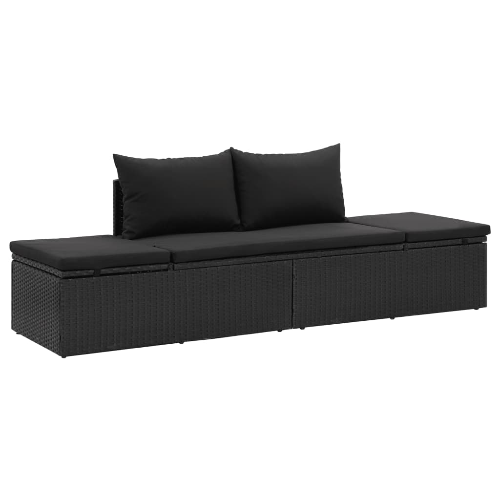 vidaXL Sun Bed with Cushions Poly Rattan Black