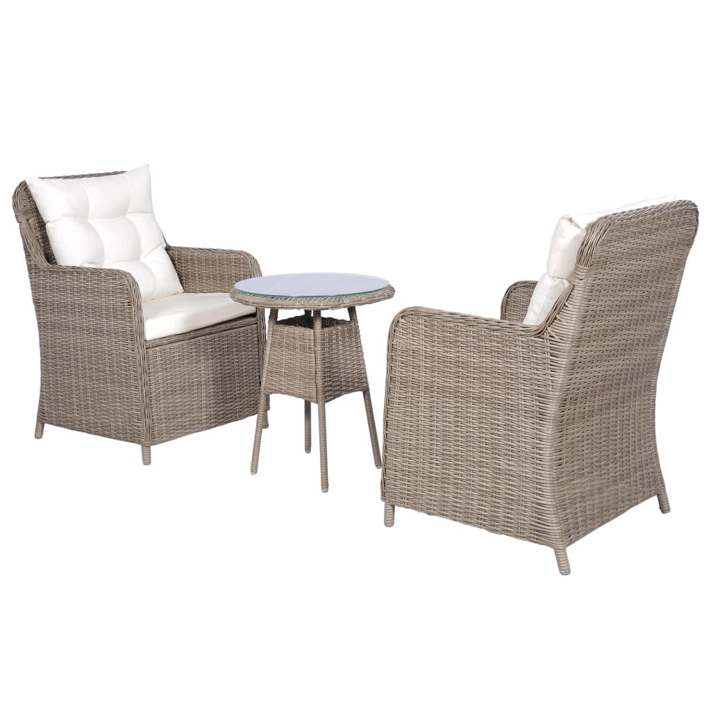 vidaXL 3 Piece Bistro Set with Cushions and Pillows Poly Rattan Brown