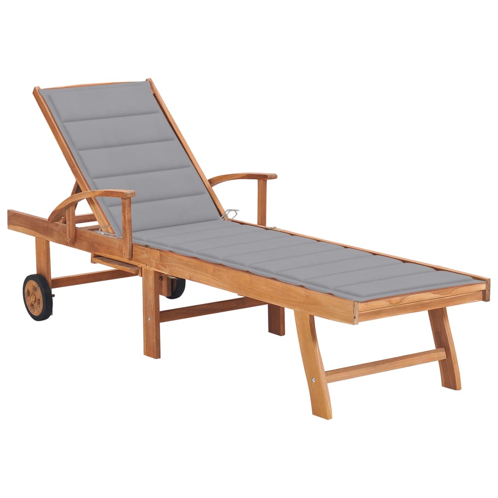 vidaXL Sun Lounger with Gray Cushion Solid Teak Wood