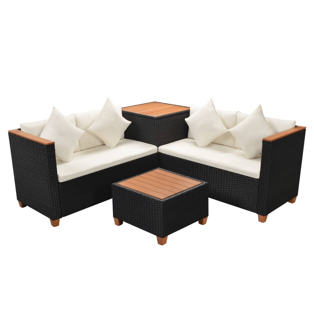 vidaXL 4 Piece Patio Lounge Set with Cushions Poly Rattan Black