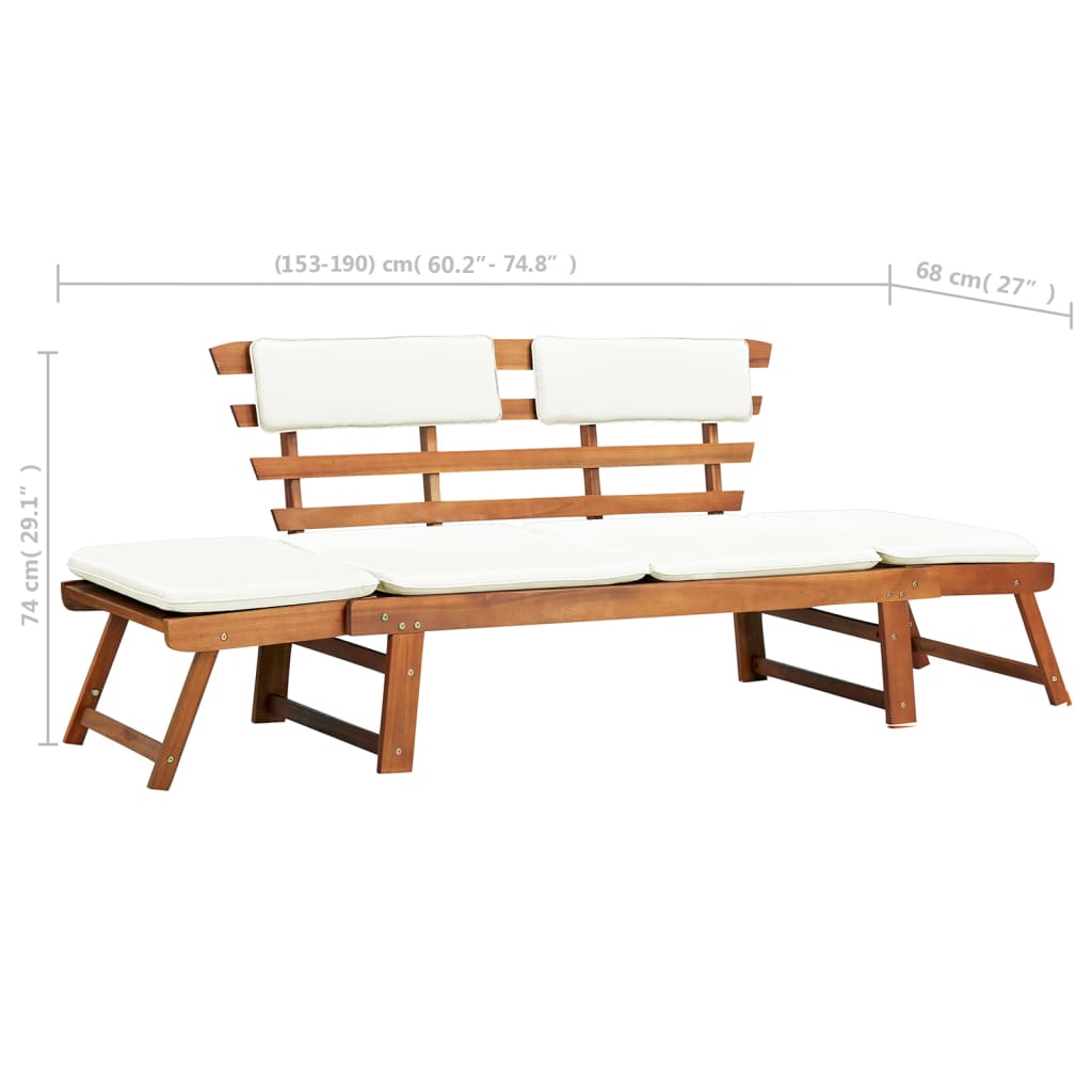 vidaXL Patio Bench with Cushions 2-in-1 74.8" Solid Acacia Wood