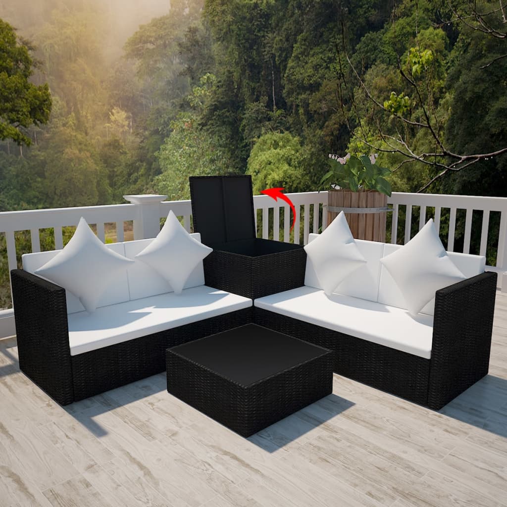 vidaXL 4 Piece Patio Lounge Set with Cushions Poly Rattan Black