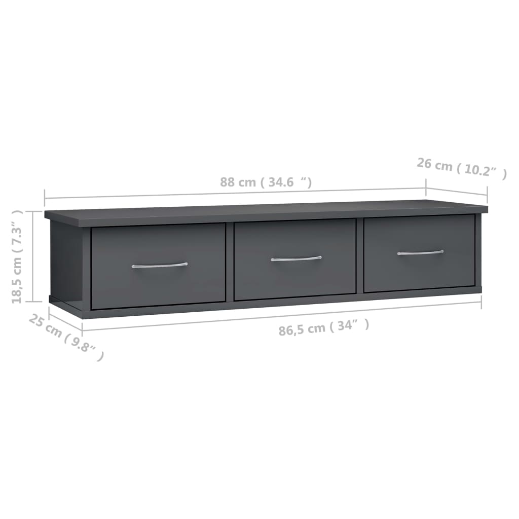 vidaXL Wall-mounted Drawer Shelf High Gloss Gray 34.6"x10.2"x7.3" Engineered Wood